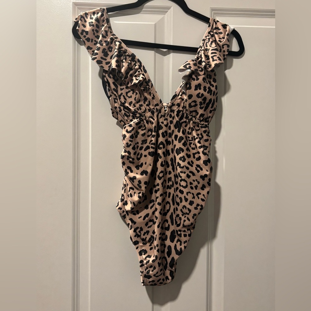 Beige Animal Print Ruffle Maternity One-Piece Swimsuit